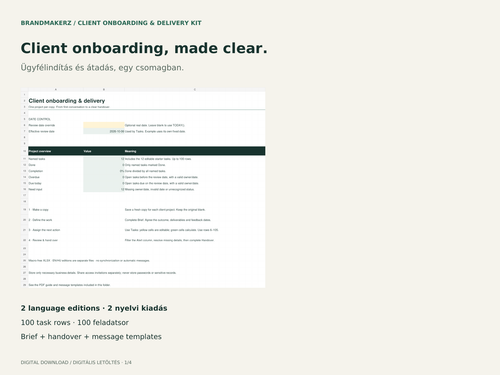 BrandMakerz Client Onboarding & Delivery Kit, English and Hungarian workbooks, project brief and handover templates.