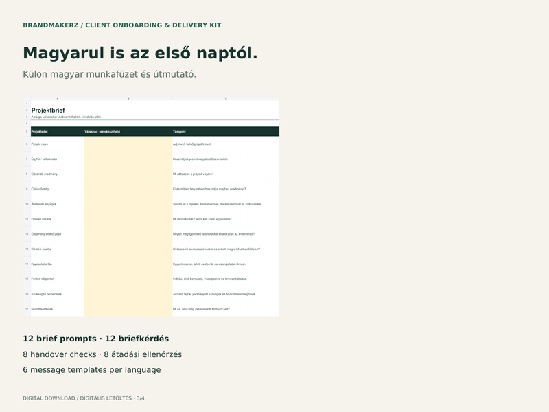 Magyar projektbrief, szerkeszthető válaszokkal és tizenkét kérdéssel.